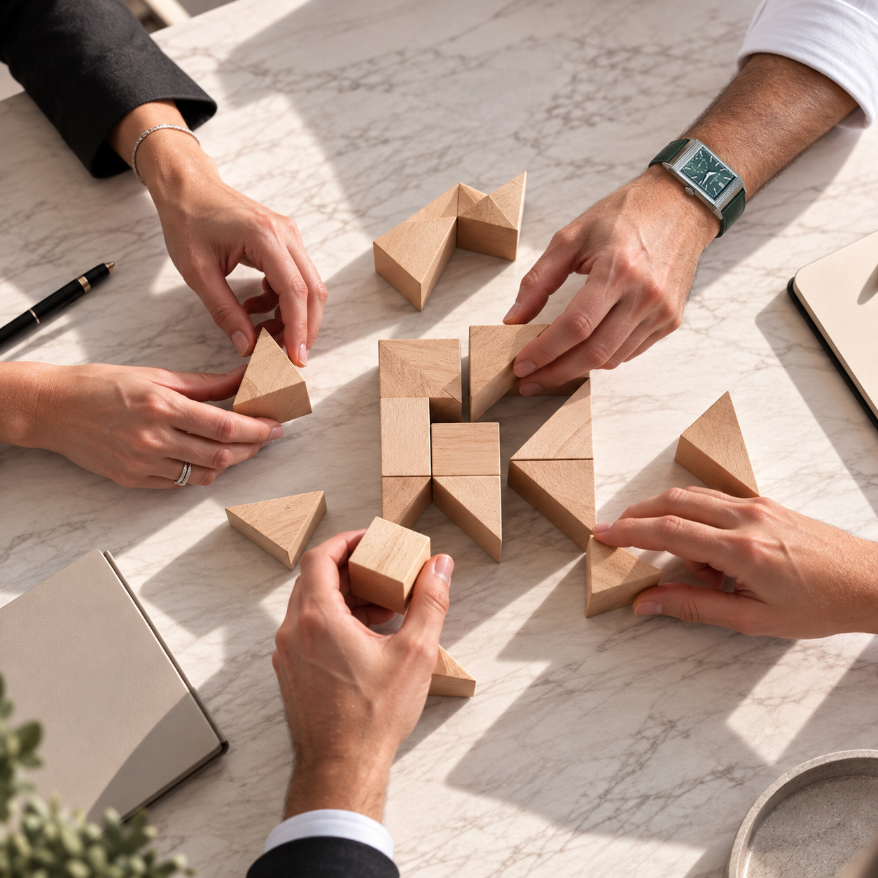 Team aziendale che collabora per completare un puzzle in legno